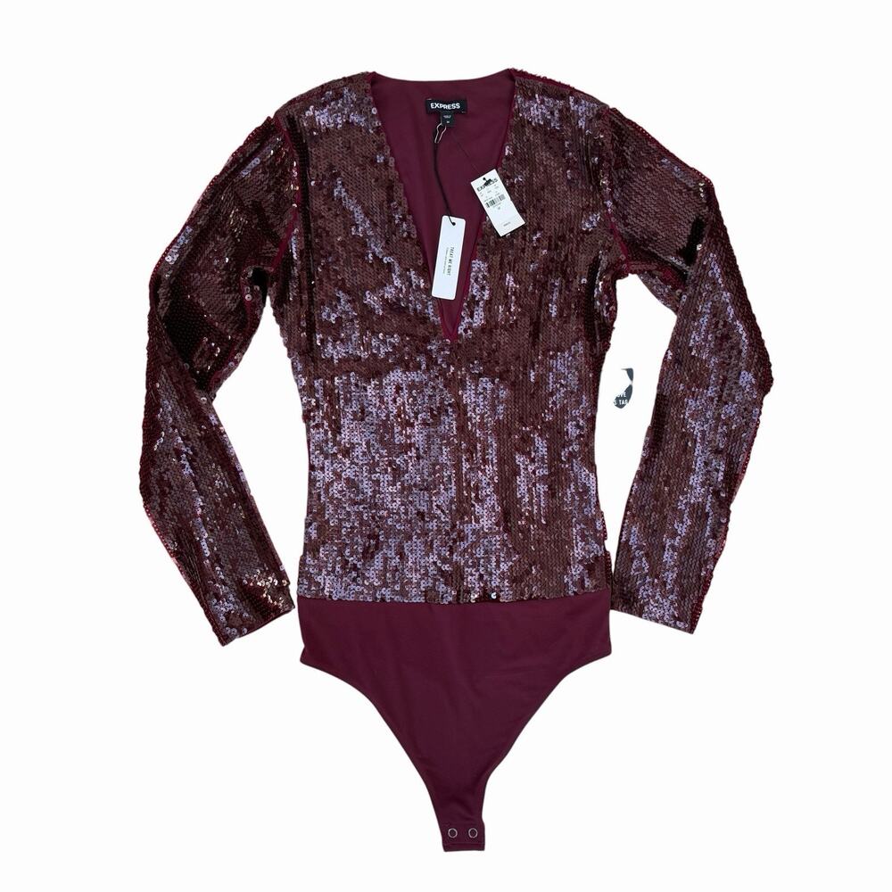 Express Sequin Bodysuit NWT Burgundy Red Long Sleeve, M